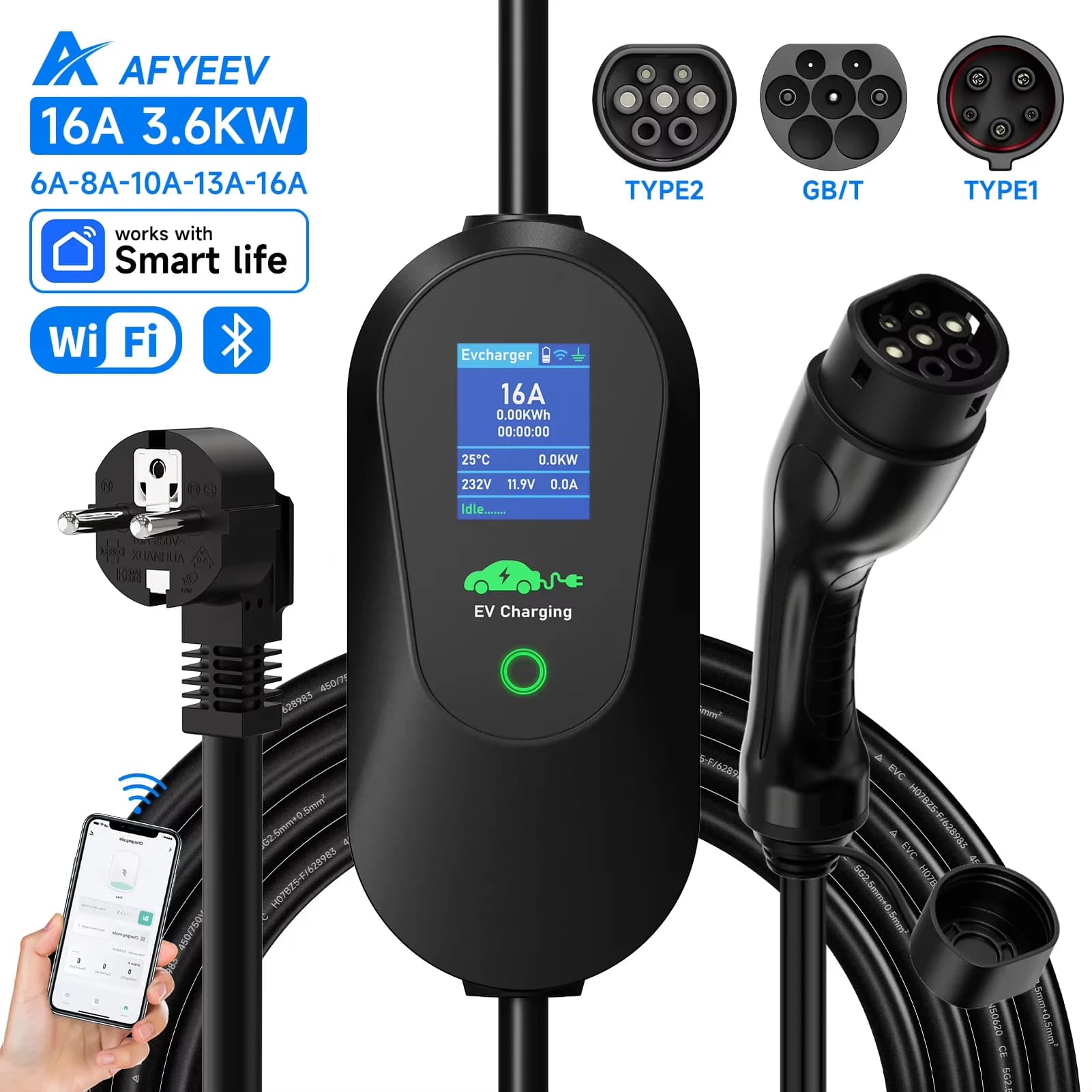 AFYEEV 3600W Portable Type2 IEC62196-2 EV Charger Type1 SAE J1772 Electric Car Charger GBT EVSE Bluetooth WiFi charging cable