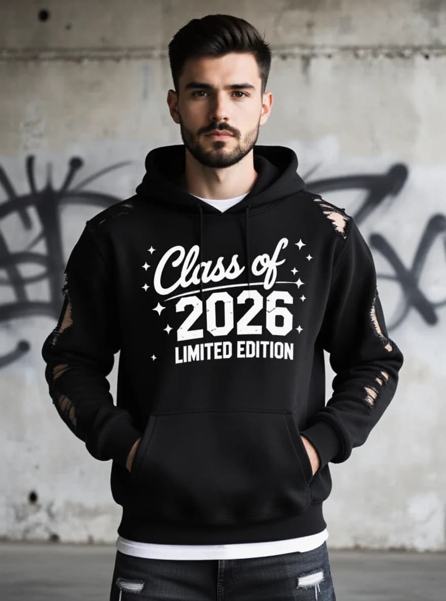 Felpa con cappuccio da uomo Class Of 2026, nera, stampa dorata 2026, oversize, regalo di laurea