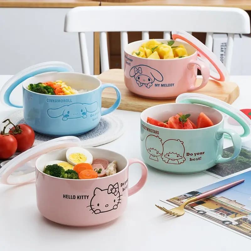 Ciotola in Ceramica Anime Sanrio con Coperchio, Contenitore Portatile per Alimenti, per Dormitorio e Lavoro, Kawaii e Adorabile, Nuovo