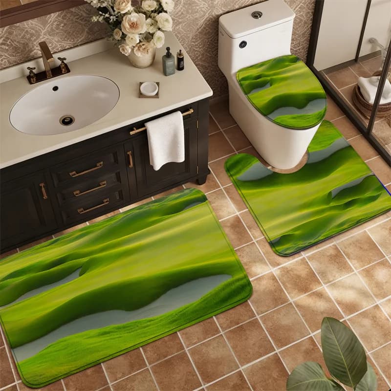 Set di Tappeti da Bagno con Paesaggio Verde, 3 Pezzi, Scenografia Naturale, Antiscivolo, Morbido Tappetino da Bagno, Copriwater, Tappeto a Forma di U