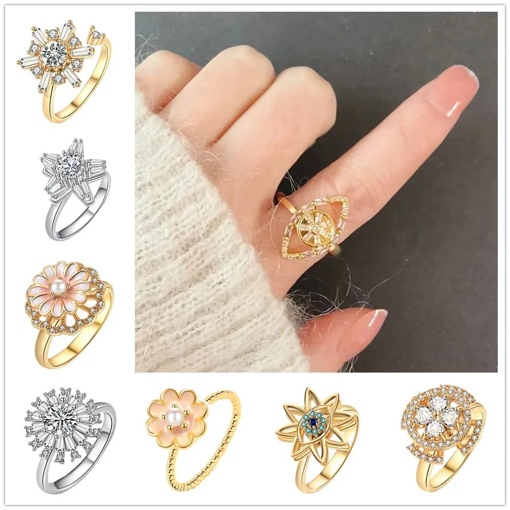 Anello spinner fiore regolabile color oro per donna Anello antistress per ansia Fidget Regalo estetico di gioielli per fede nuziale
