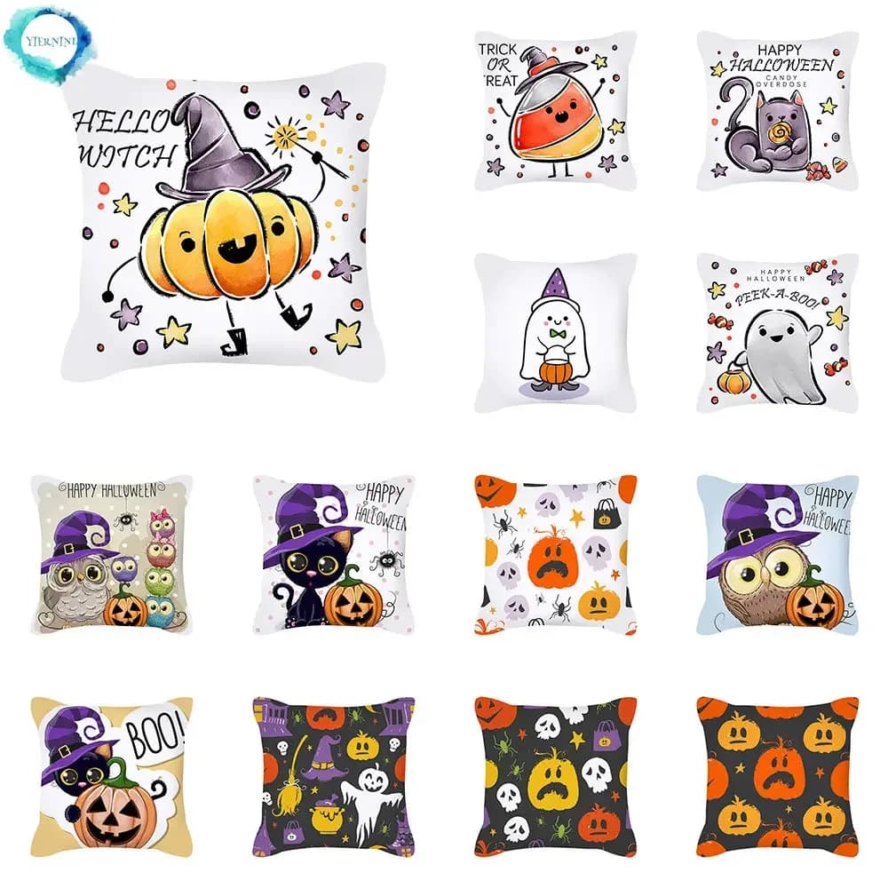Cushion Lining with Print Pumpkin Ghost Cat Black Halloween cartoon for home living sofa decoration square pillow