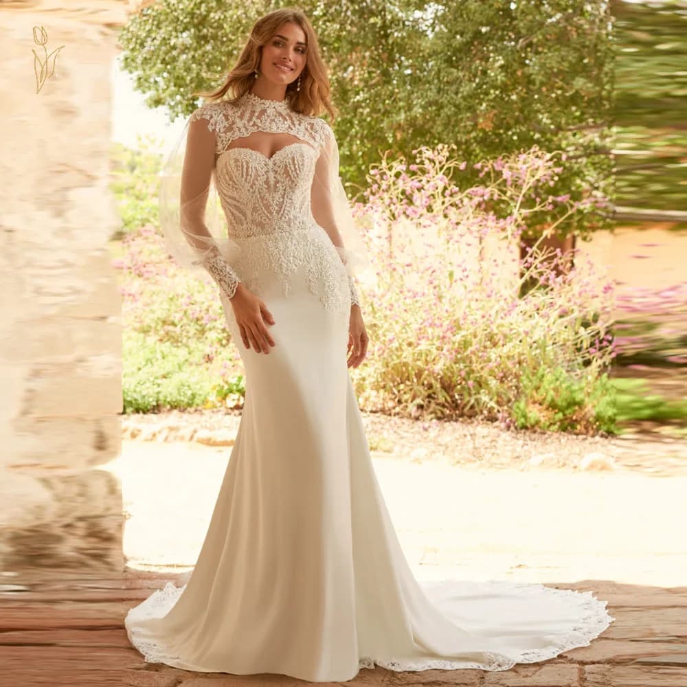 High Collar Lace Print Wedding Dresses For Women Sleeveless Mermaid Robes New Mopping Length Women Vestidos De Novias Customized