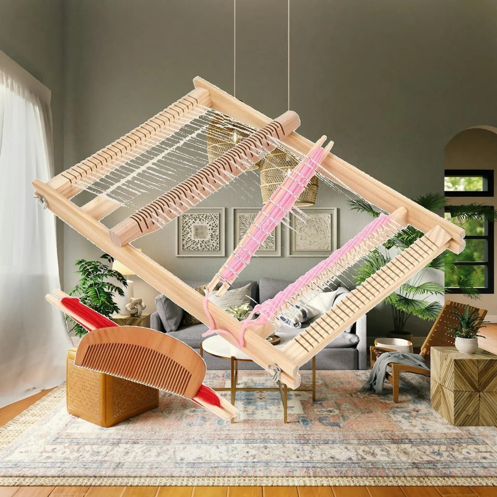 Wooden Weaving Loom DIY Weaving Loom with Comb Lightweight Rectangular for Beginners, Home, Classroom