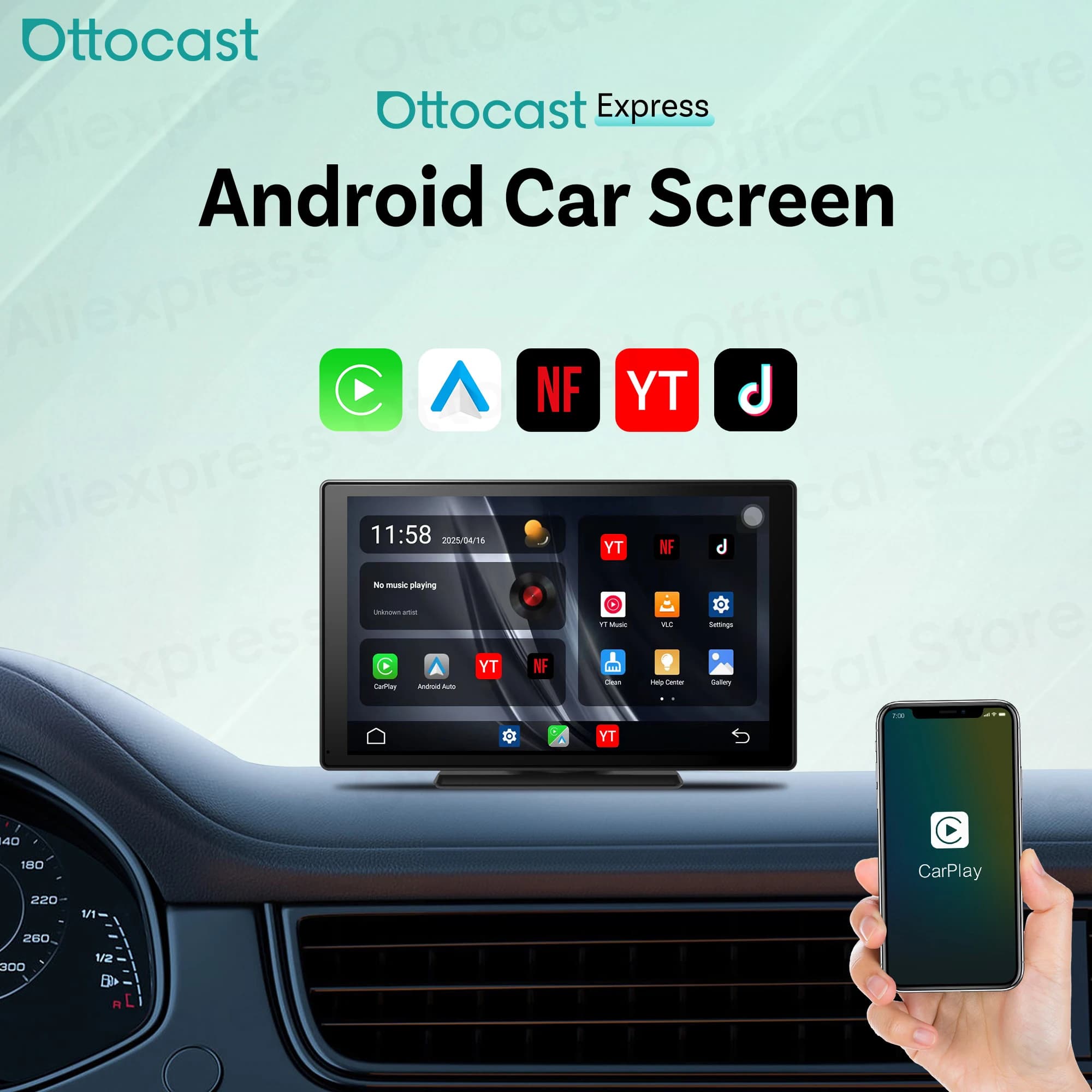 Ottocast Express Android Car Touch Screen 9" Wireless CarPlay Android Auto for Netflix Youtuber Tik Tok General Car Accessories
