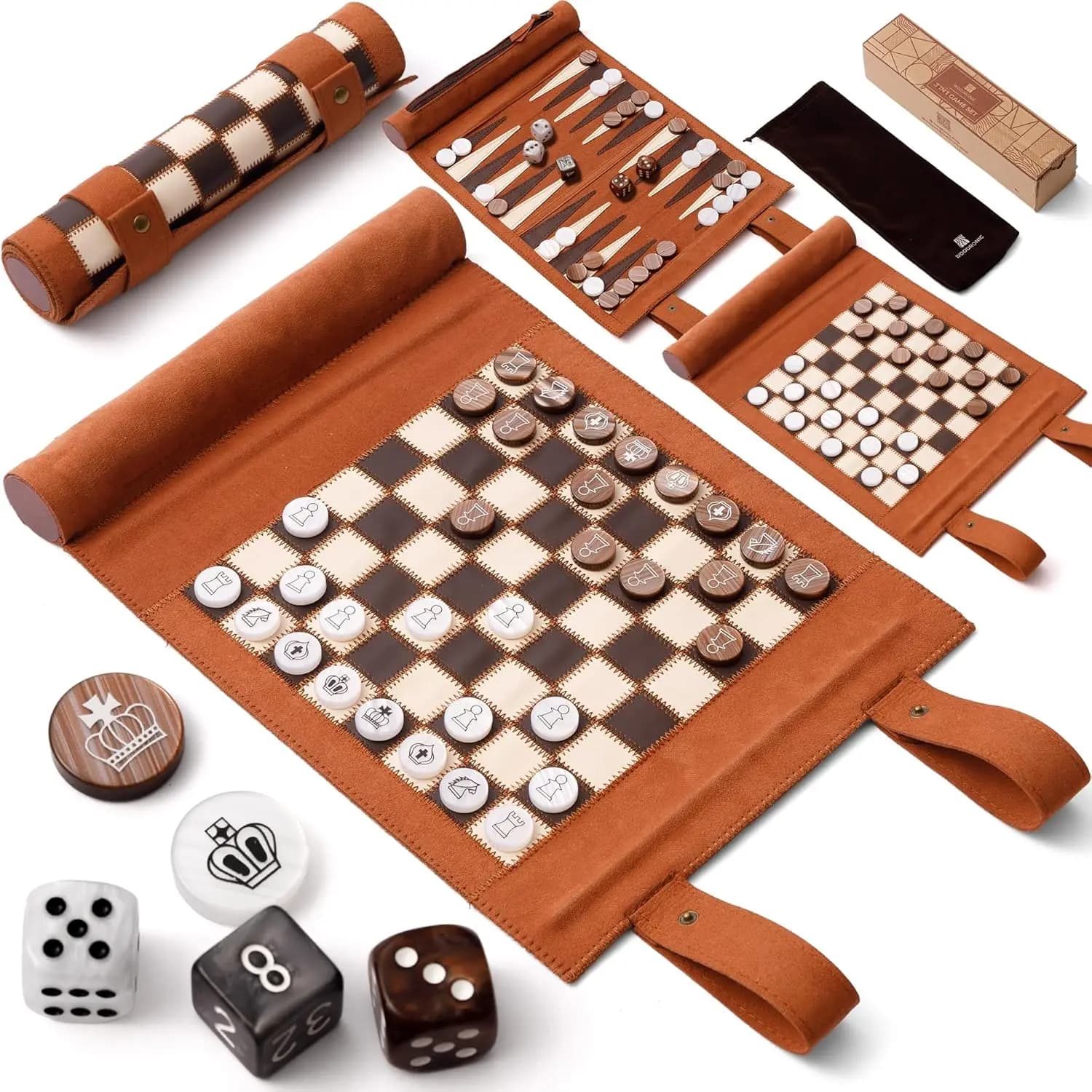 3-in-1 Travel Chess Backgammon Checkers Set, Roll-up Leather Board with Pearl Pieces & Dice, Portable Game for Adults, 14x10 Inch