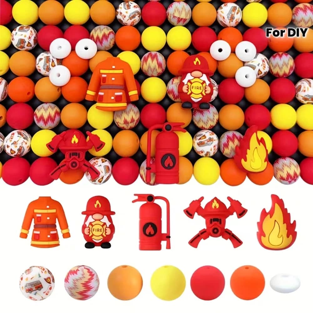 Set di 25/61 pezzi di perline in silicone a tema pompiere, perfetto per l'artigianato fatto a mano fai-da-te come portachiavi, collane, bracciali, ecc.