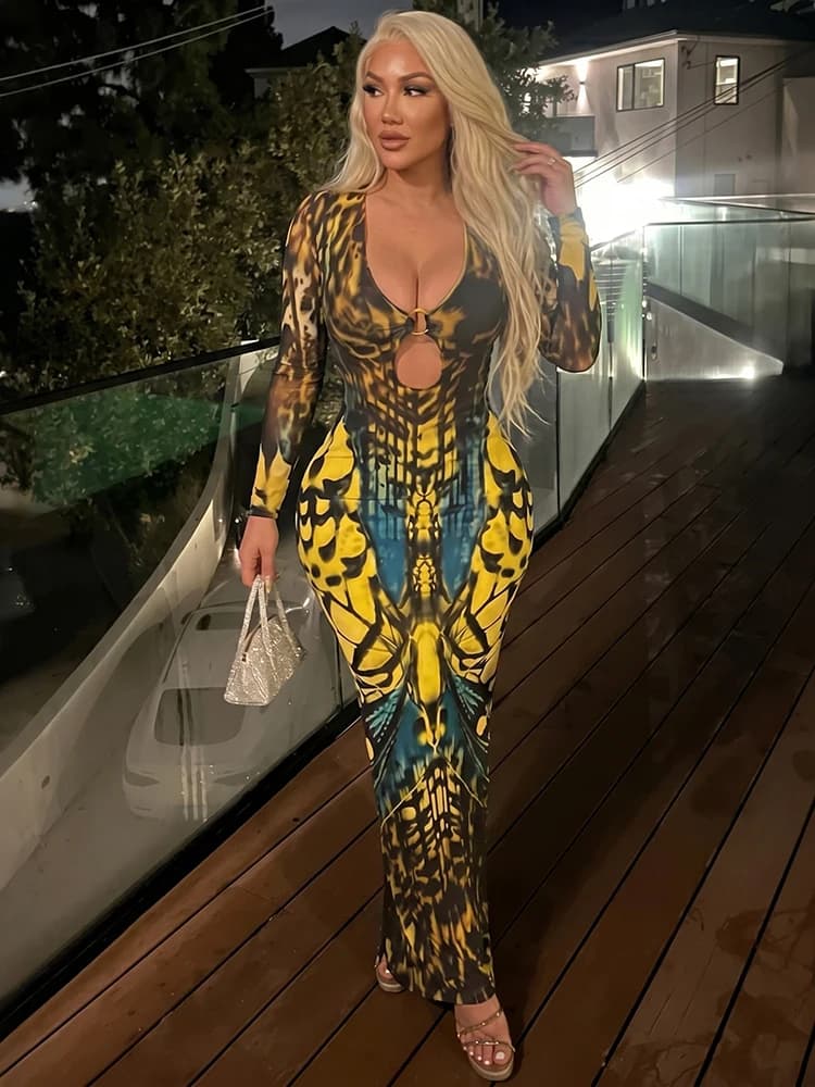 SIsterlinda Woman Chic Evening Party Dress Metal Ring Hollow Butterfly Print Full Sleeve Splits Robe Elegant Faashion Vestidos