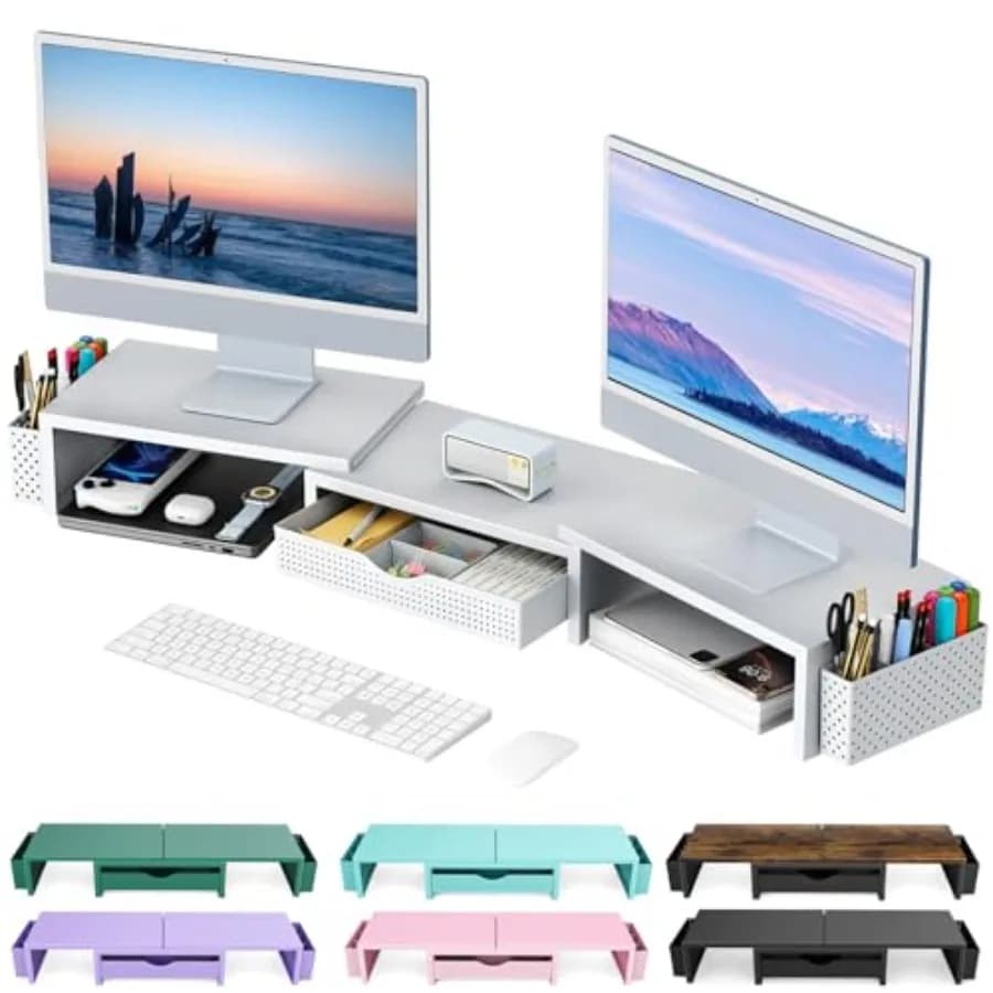 Dual Monitor Stand Riser, Desk Organizer With Drawer and 2 Pen Holders, Monitor Stand for Desk, Office Decor Essentials