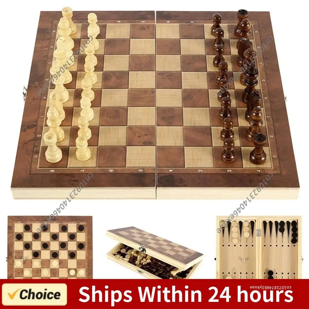 Set di Scacchi 3 in 1 in Legno, Set di Scacchi e Dama, Scacchiera da Viaggio