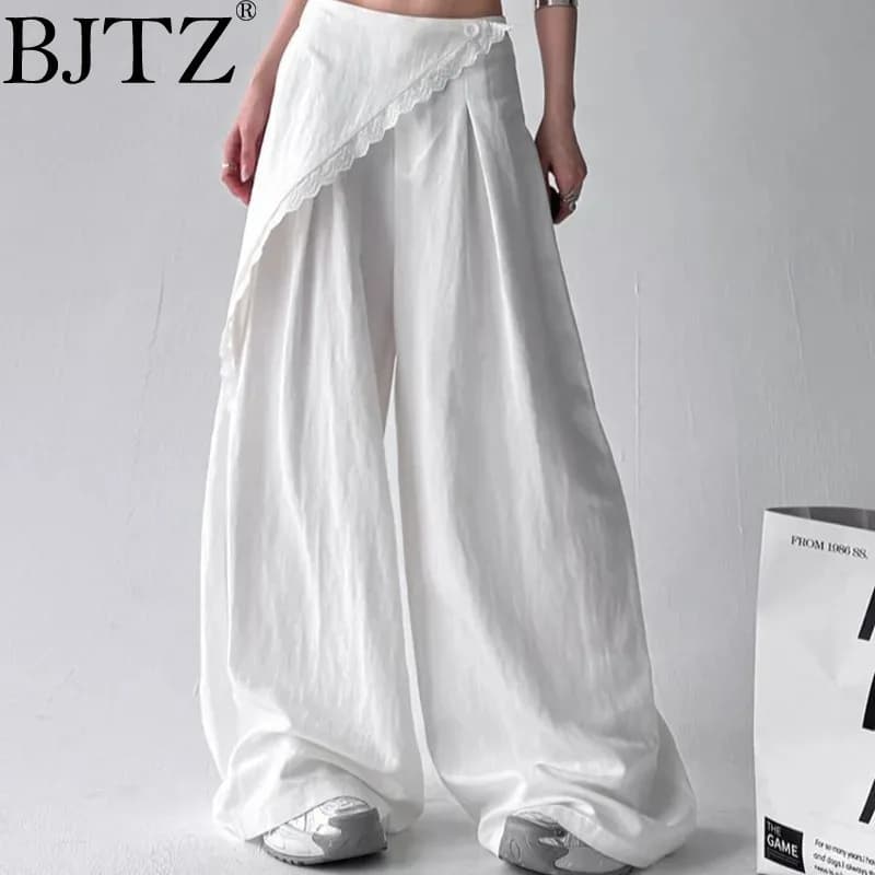 BJTZ Lace Edge Mopping 2025 Spring Summer Women High Waist Slim Splicing Straight Leg Casual Loose Hanging Pants Fake Two Pieces