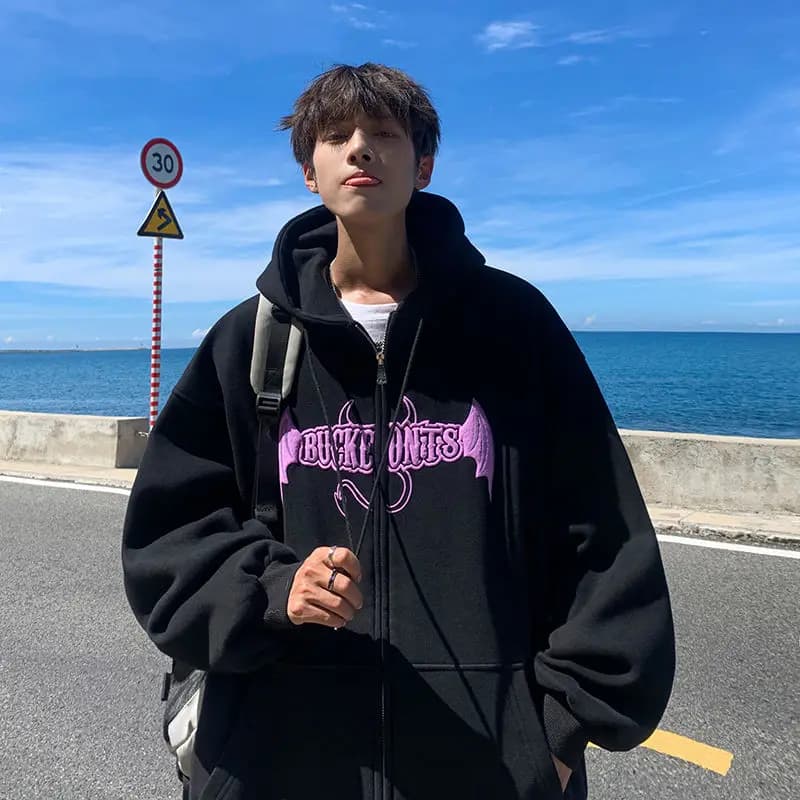 Large Size 300 Pounds Trendy Printed Hoodie Men's Spring Autumn Vintage Handsome Loose Pure Cotton Open Cardigan Jacket