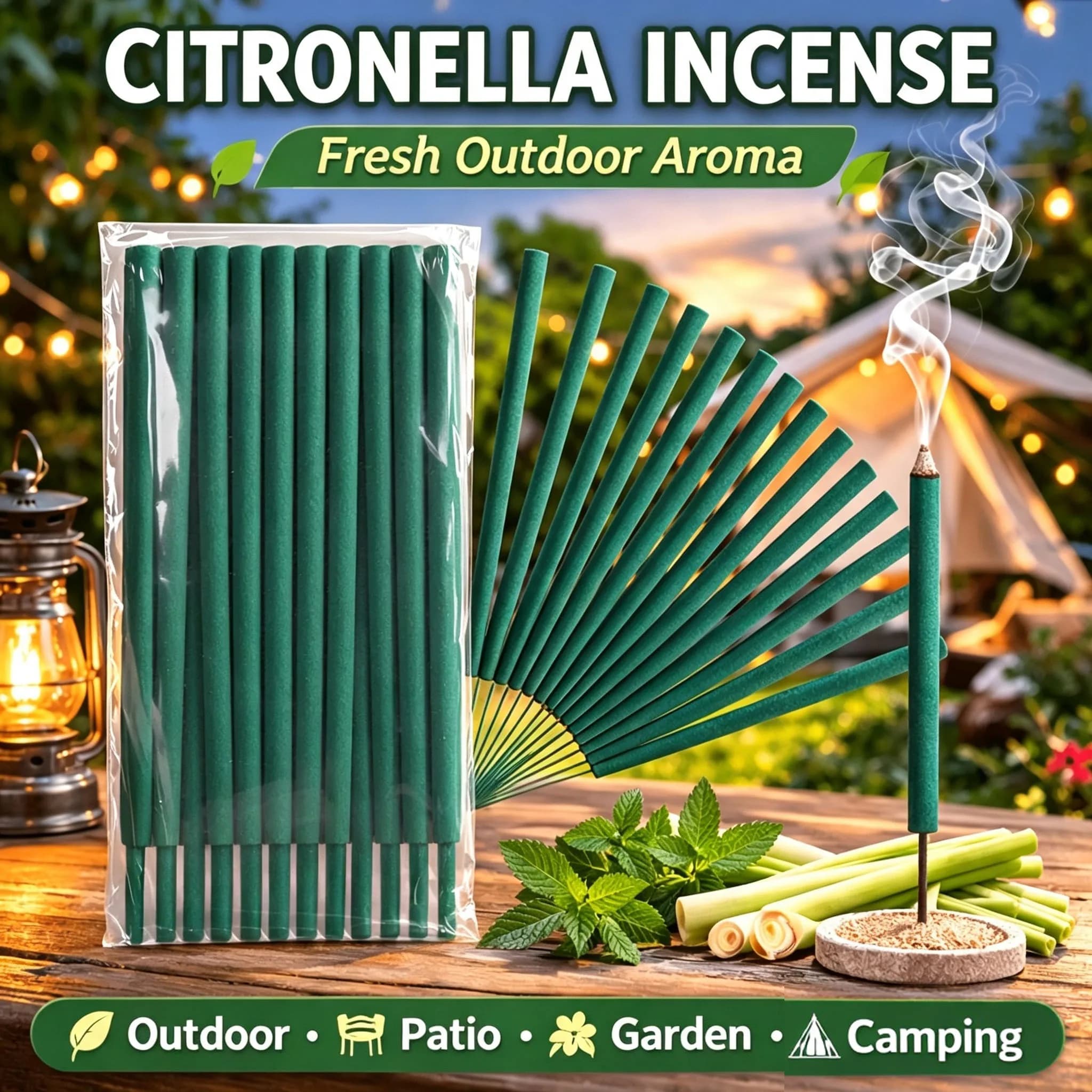 12/20 Extra-Large Diameter 7.5mm Lemongrass Incense Sticks, Thickened Outdoor Incense Sticks, Burning Time 1-2.5 Hours, Lemongrass Oil Formula, Mint and Rosemary Scent, Suitable for Indoor Use, Garden, Backyard, Camping, Travel, Hiking