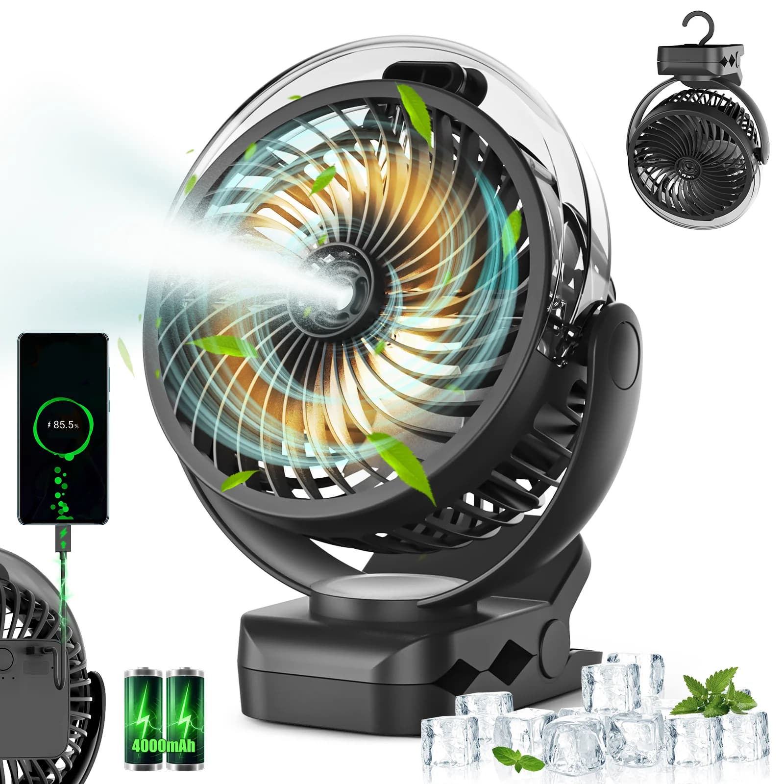Ventilatore Portatile con Clip e Nebulizzatore, Ricaricabile, 3 Velocità, Display Digitale, Mini Umidificatore, Ventilatore da Tavolo Regolabile con 4000mA