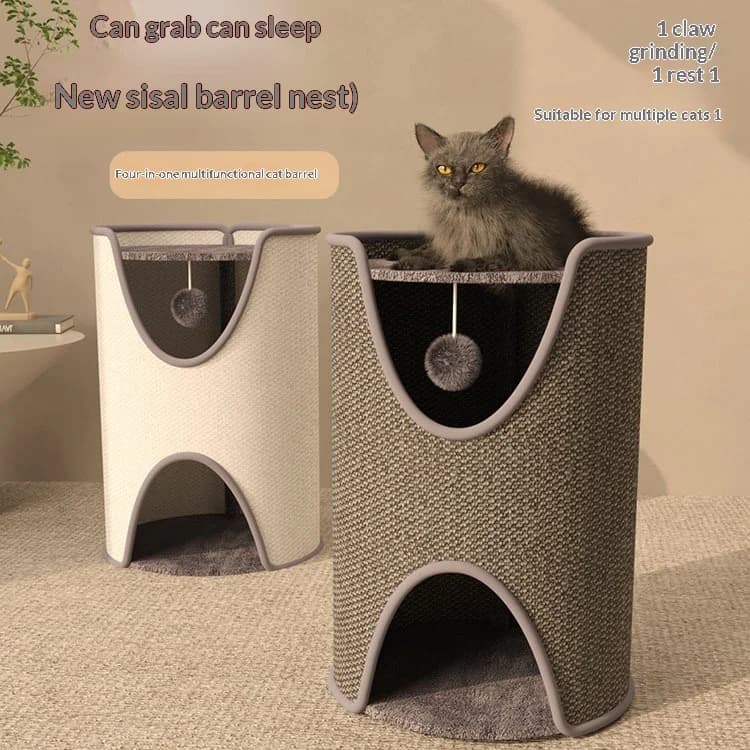 Nuovo Tiragraffi per Gatti a 2 Livelli Salvaspazio in Sisal, Postazione di Gioco e Cuccia per Tutte le Stagioni, Torre di Arrampicata Chiusa per Gatti da Interno