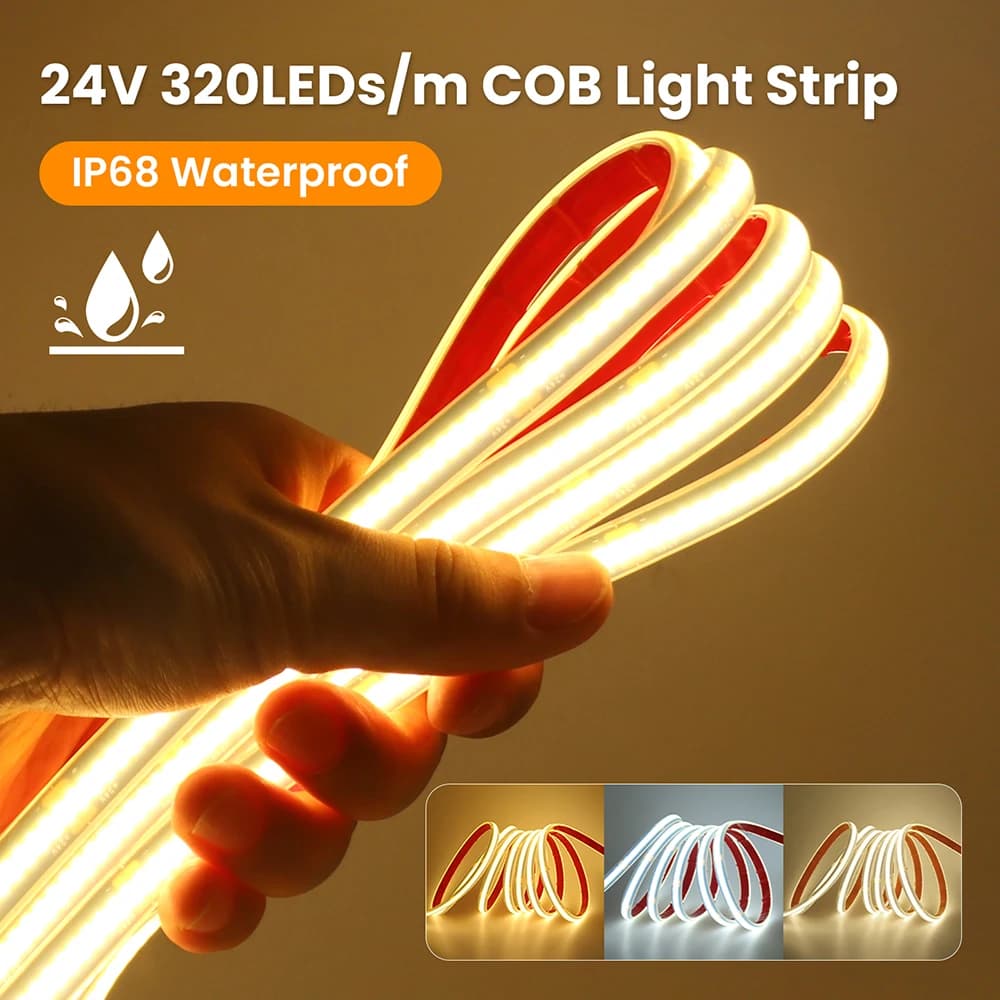 12V 24V IP68 Waterproof COB LED Strip Black PCB 3000K 4000K 6000K RA90 320LEDs/m Tape Light for Bathroom Garden Pool Lighting