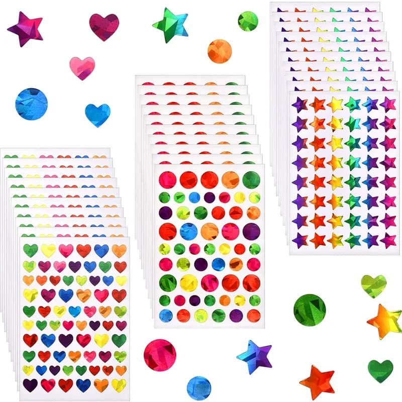 Adesivi per premi per studenti con punto rotondo olografico scintillante, cuore, stella, foglio glitterato, tabella delle ricompense del comportamento, decalcomanie per la decorazione di album