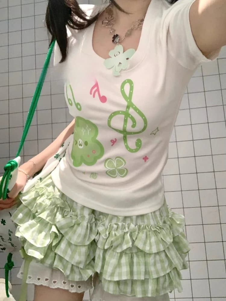 Set di gonne Kawaii dolci in stile giapponese estivo Set di top casual con stampa carina da donna + pantaloncini di pizzo soffici Y2k Set da 2 pezzi di moda per ragazza calda