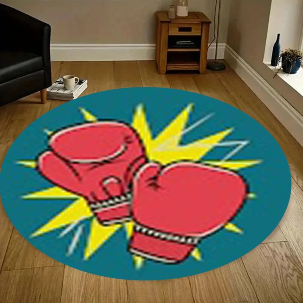 Round Carpet with Pop Art Style Boxing Gloves, Children's Room Flannel Mat, Games Area, Gym, Anti-slip and Washable Vivace Decoration