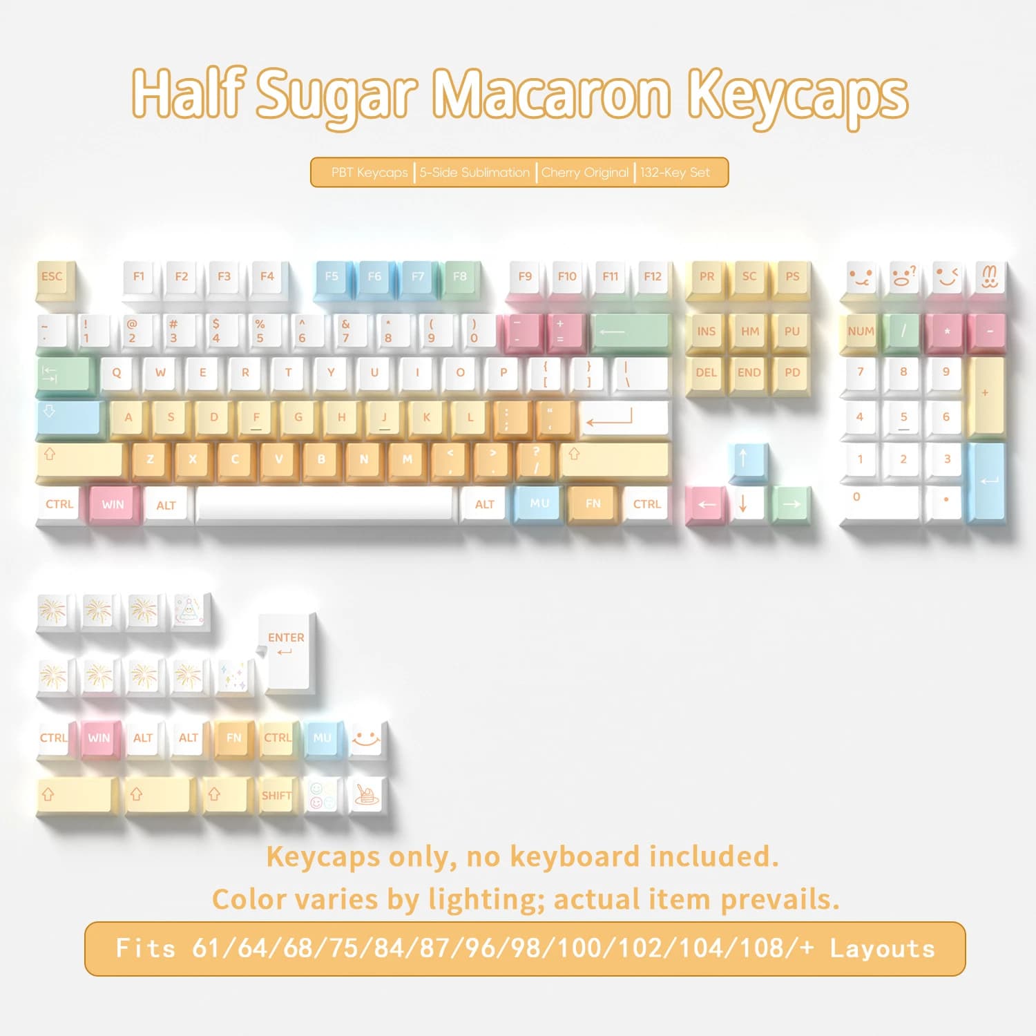 Half Sugar Macaron Keycaps 132 Key PBT Material Keycaps Cherry Profile DYE-SUB For MX Switch Mechanical Keyboard ISO ANSI Layout