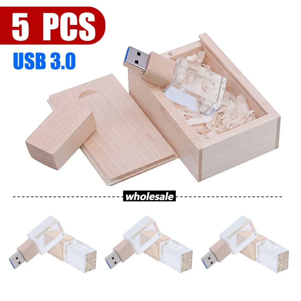 10PCS/LOT Chiavette USB 3.0 da 128GB in scatola di legno con cristallo, logo personalizzabile, Pen Drive da 64GB, Memory Stick da 32GB, regalo creativo, U Disk