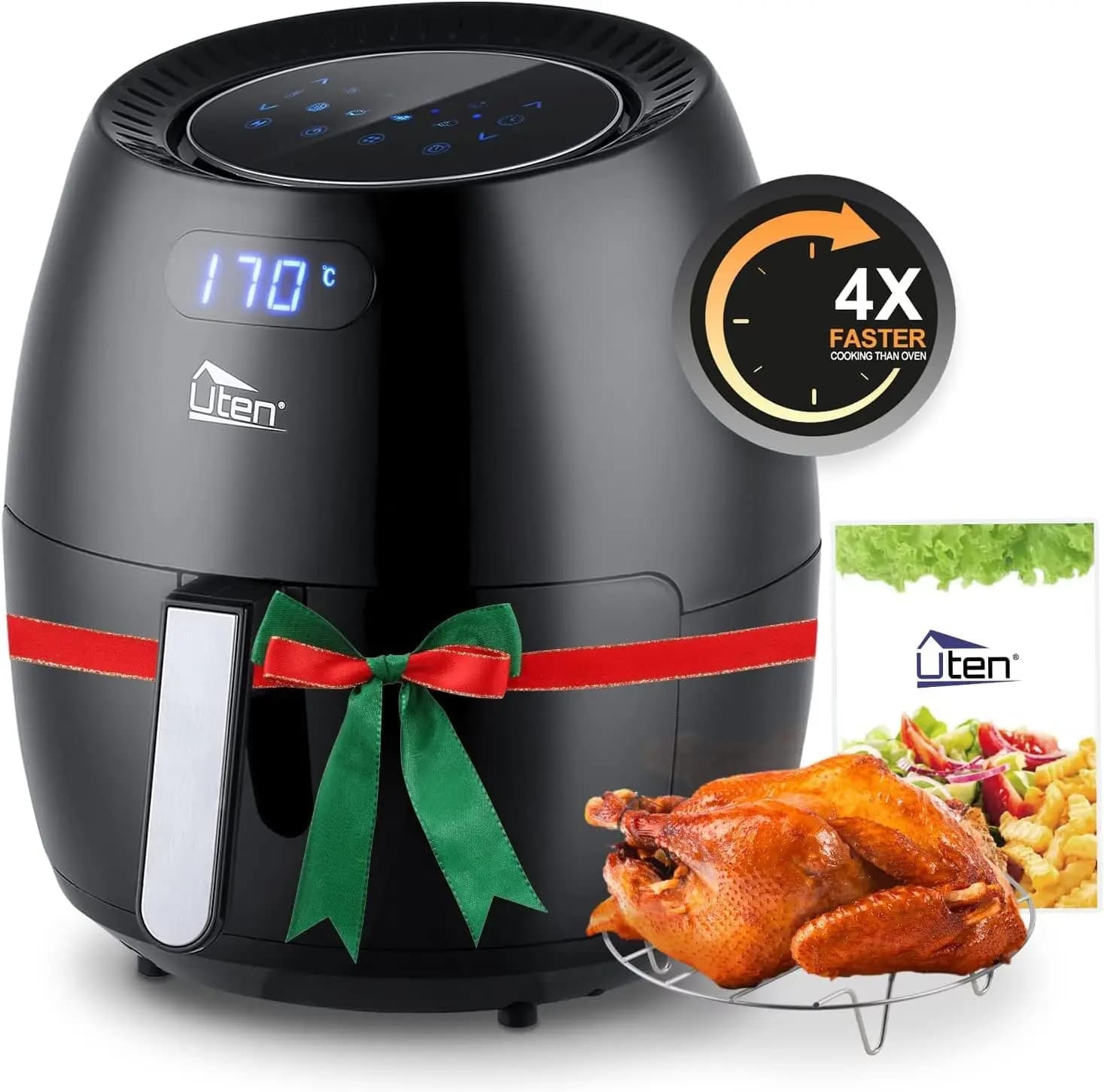 Friggitrice ad Aria 6.9QT, 1700W, 8-in-1 Senza Olio, Touchscreen LED, Riscaldamento Rapido, Antiaderente, Nera