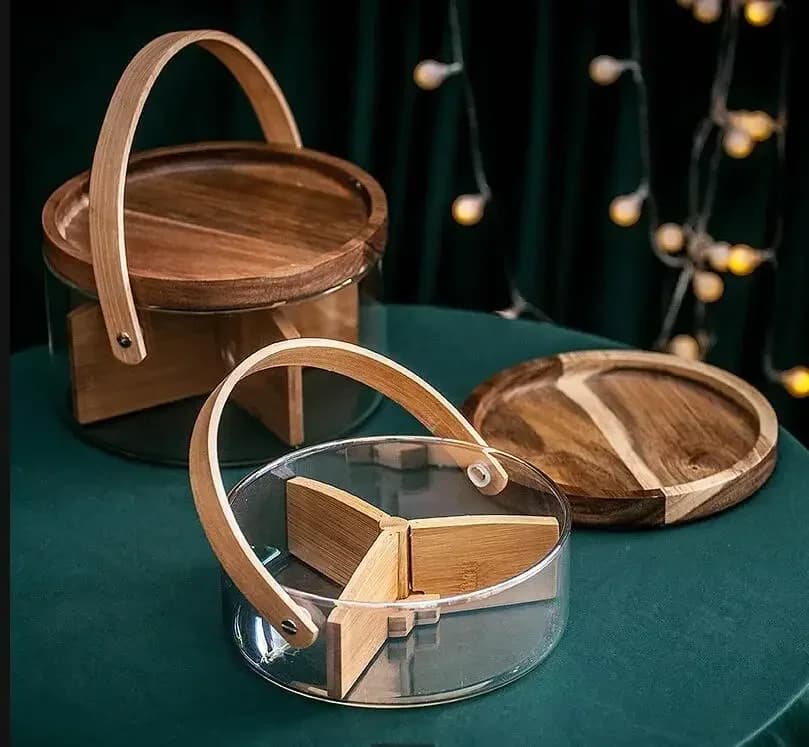 Scatola in Vetro per Frutta Secca con Coperchio in Legno, Piatto Trasparente, Vassoio per Caramelle a 4 Scomparti, Contenitore per Snack, Organizer da Scrivania