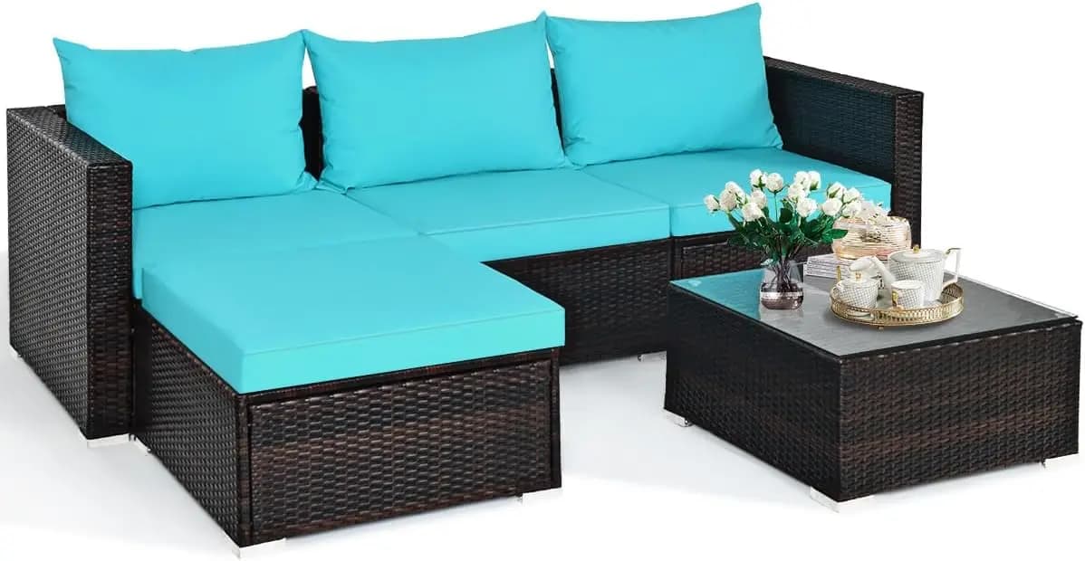 Set of 5-piece garden furniture with coffee table, PE rattan sofa and chairs with cushions