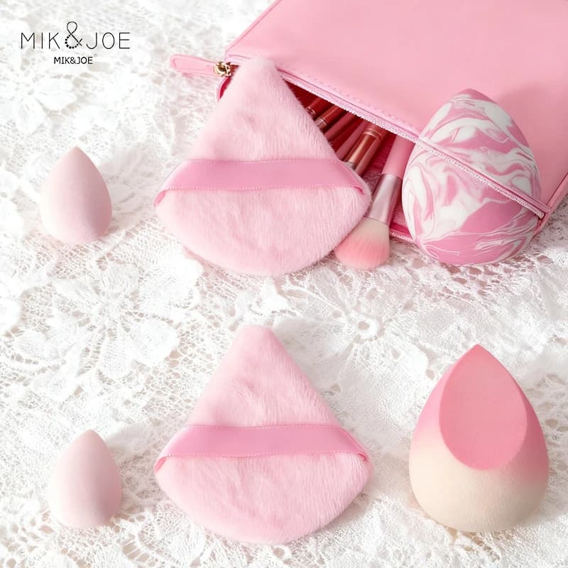 Set frullatore per trucco sfumato rosa da 6 pezzi: piccole goccioline, triangoli, frullatore grande e spugna monotorta per finitura impeccabile