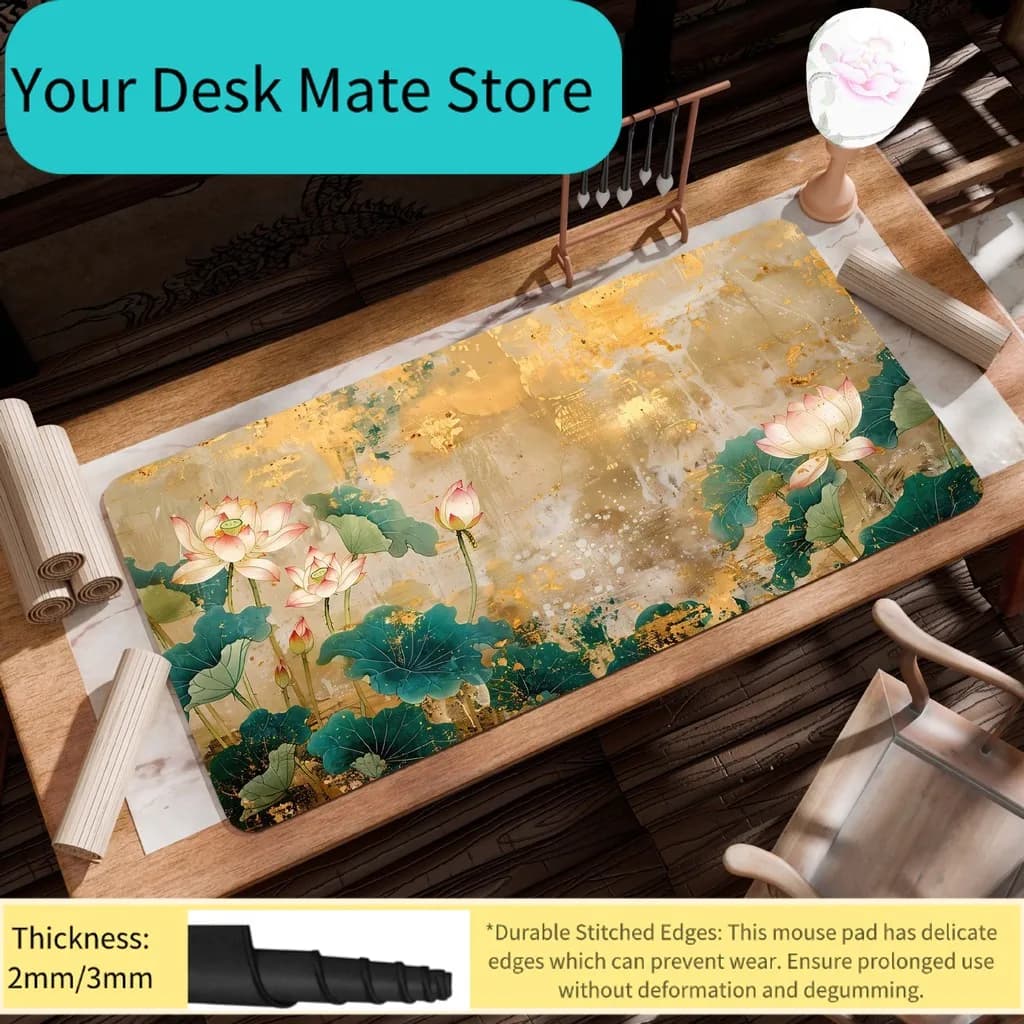 Tappetino per Mouse Extra Large con Stampa Lago di Loto Dorato, Tappetino da Gaming Esteso, Tappetino da Scrivania Artistico Cinese di Lusso, Tappetino Antiscivolo per Tastiera