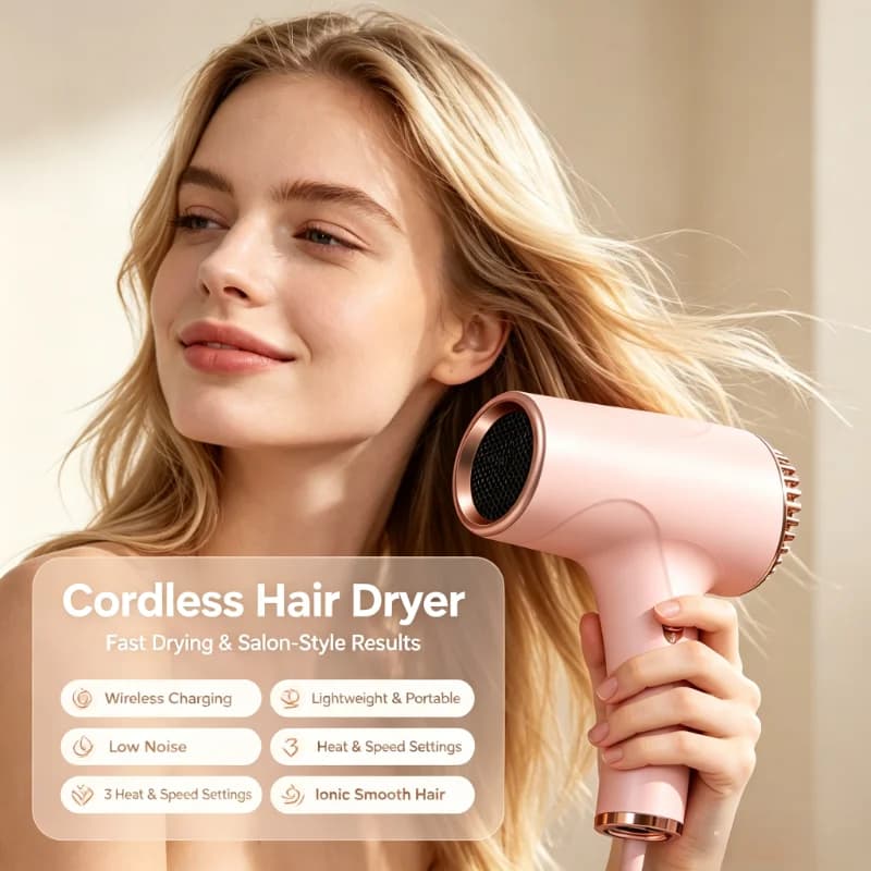 Dual Use Cordless & Plug-in Hair Dryer Ionic Portable Rechargeable Hair Blower Cold Wind Battery Powered Hot Wind 220V Plug Trav