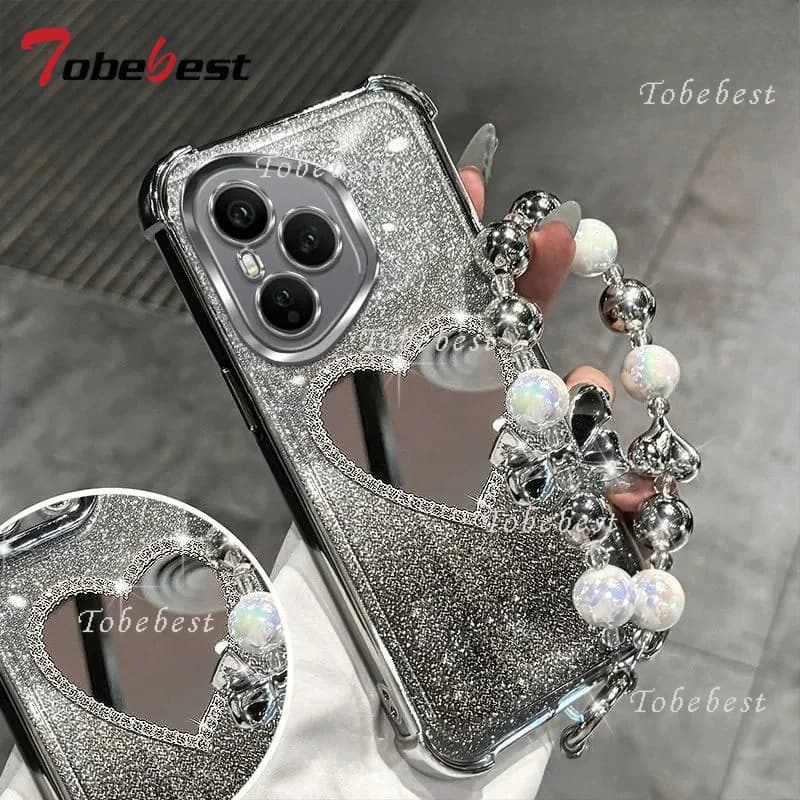 Custodia placcata con braccialetto Love Mirror Bead per Huawei Honor 400 300 Ultra 200 100 90 Lite 80 70 60 Pro Cover antiurto glitterata