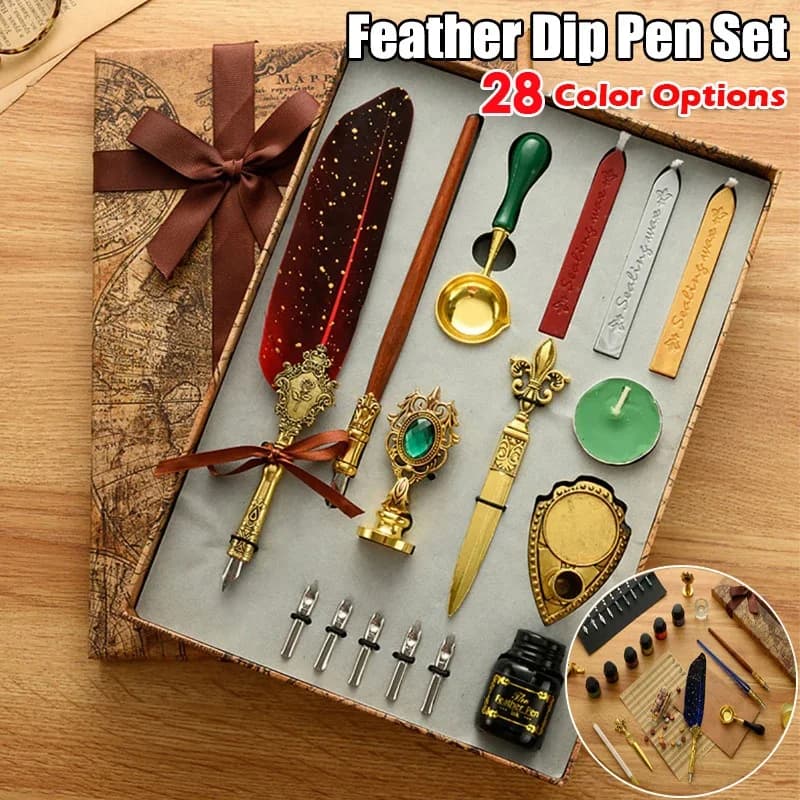 Antique Feather Dip Pen Ink Set Wax Sealing Stamp Kit Calligraphy Pen Letter Writer Pen Handwriting Feather Pen Wax Seal Stamp