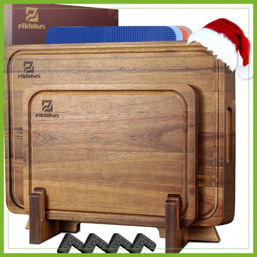 Set di 7 Taglieri in Legno di Acacia con Supporto, Piedini Antiscivolo, Scanalatura per Succhi, Blocco da Macellaio Reversibile per Cucina