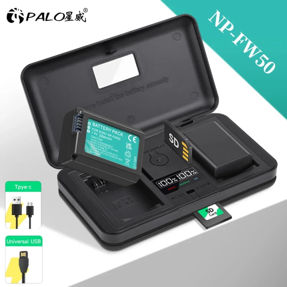 PALO NP-FW50 NP FW50 batteria + lettore di schede caricabatterie rapido per Sony A6000 A6400 A6300 A6500 A7 A7II A7RII A7SII A7S A7S2 A7R