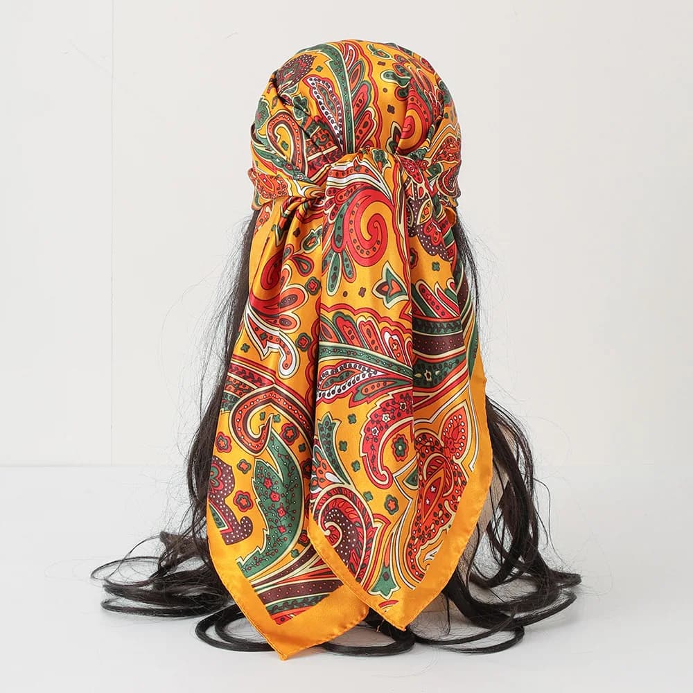 Square Silk Imitation Scarf Women Print Shawl Warps Elegant Neckerchief Bandanas Hijab Soft Stain Ladies Scarf Fashion 90X90cm