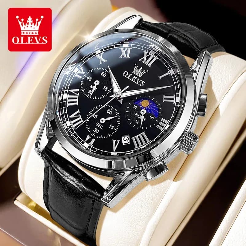 OLEVS 2871 Orologi da uomo con scatola cinturino in pelle moda cronografo classico 24 ore fasi lunari orologi al quarzo impermeabili uomo
