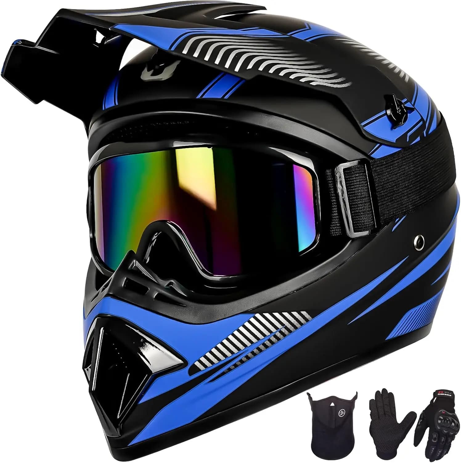 Set Casco da Motocross per Ragazzi con Guanti, Occhiali e Maschera - Approvato DOT per Bambini 8-14 Anni, Attrezzatura di Sicurezza Premium in Blu Scuro