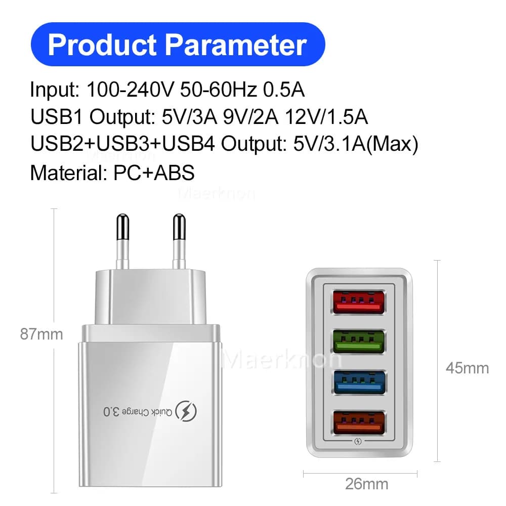 Caricatore da Viaggio con 4 Porte USB a Ricarica Rapida, Adattatore Standard EU/US, Accessori per iPhone Samsung Xiaomi