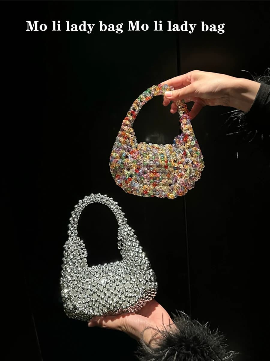 Borsa Artigianale Squisita con Perline, Portamonete Lucido, Porta Rossetto, Borsa a Mano di Lusso con Texture, Borsa Rotonda Scintillante per Uso Quotidiano