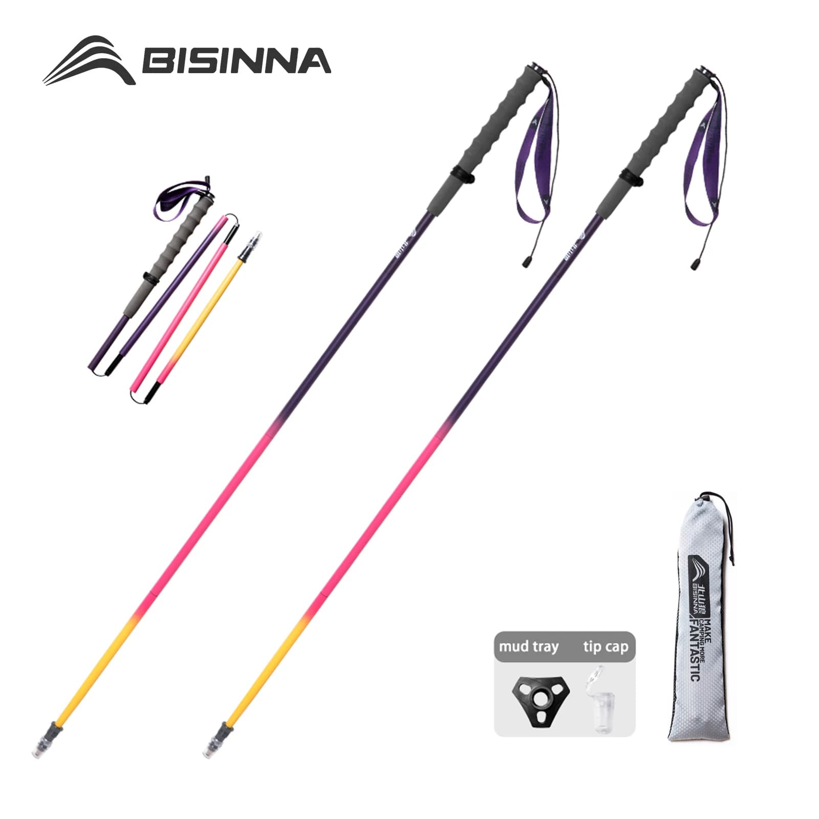 BISINNA 2pcs Trekking Poles Ultralight Folding Nordic Walking Sticks Carbon Fiber Hiking Sticks Quick Lock Trail Running Canes