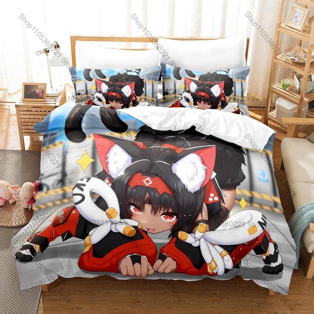 Nekomata Zzz 3Pcs Bedding Set Duvet Cover Pillowcase Anime Cat Pattern Soft Comfortable Bedroom Decor All Sizes