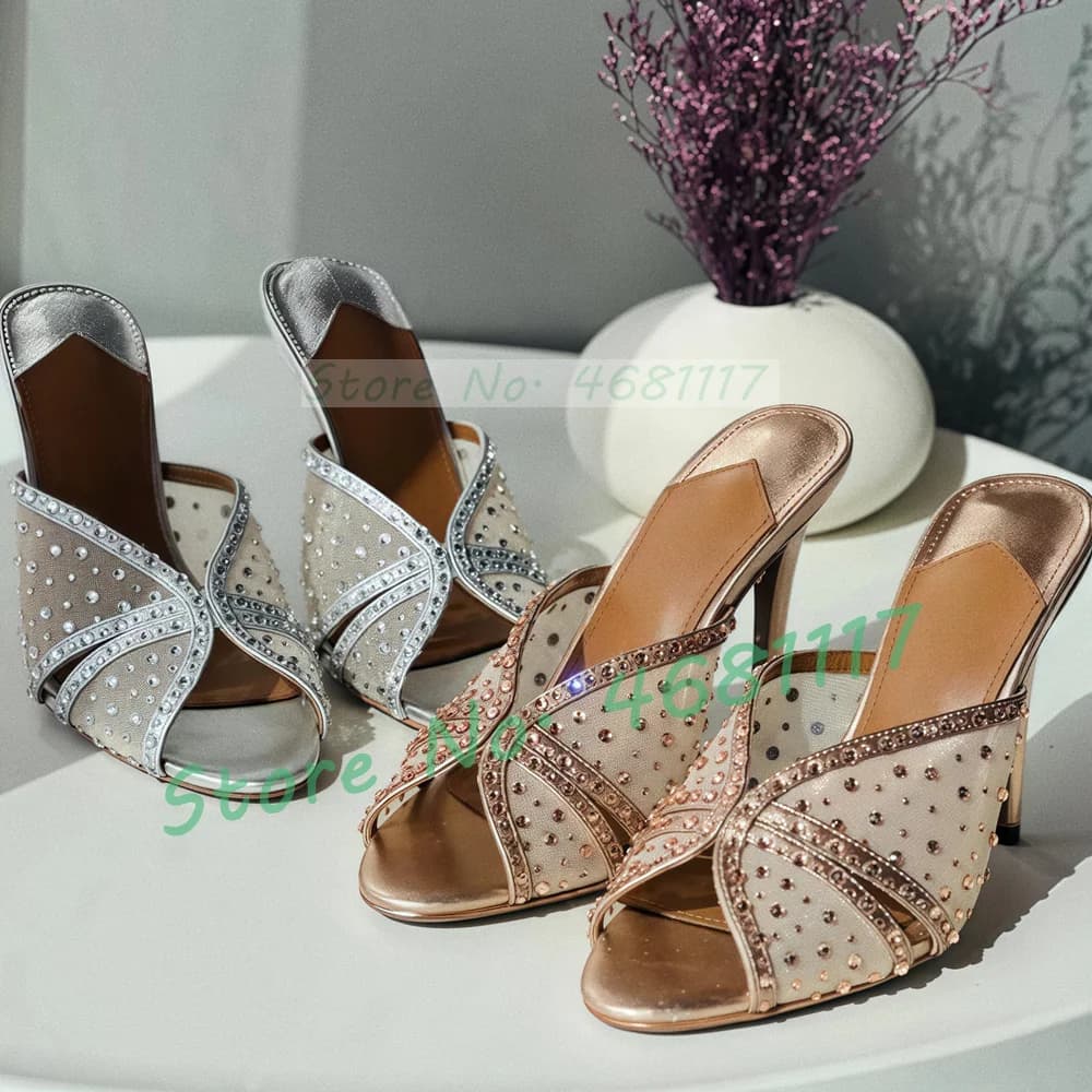 Crystal Mesh Cross Strap Mules Women Luxury Open Toe Kid Suede Gold Shoes Ladies Breathable Tulle High Heels Party Slippers