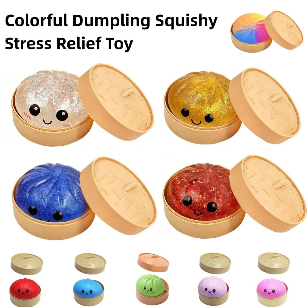 Giocattolo Antistress Squishy a Forma di Raviolo Colorato con Vaporiera, Palla di Pasta Riutilizzabile, Giocattolo Sensoriale Rimbalzante, Regalo per l'Ufficio