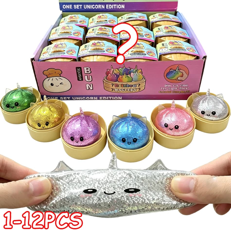 6CM Rainbow Unicorn Dumpling Squishy With Box Sensory Steamer Soft Dough Ball for Decompression Fidget Toy Stress Relief Gift