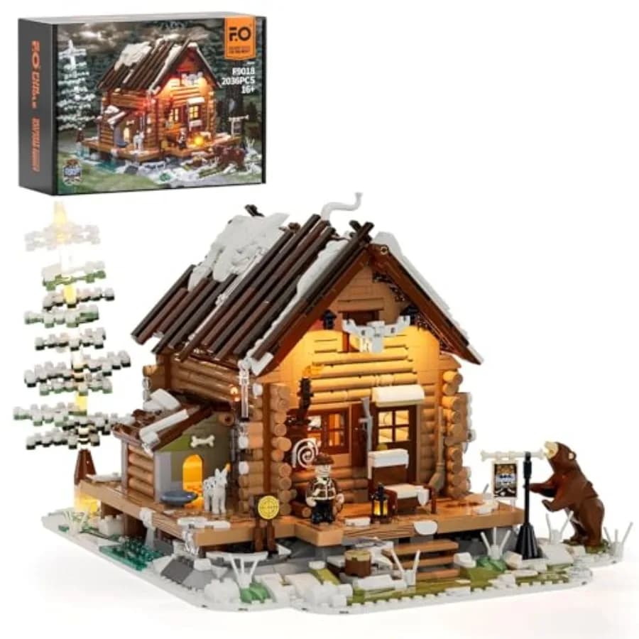 Set di Costruzioni Cabina da Caccia con Illuminazione - Modello in Mattoncini Retro Cabina in Legno con Luci LED, 2036 Pezzi per Adulti