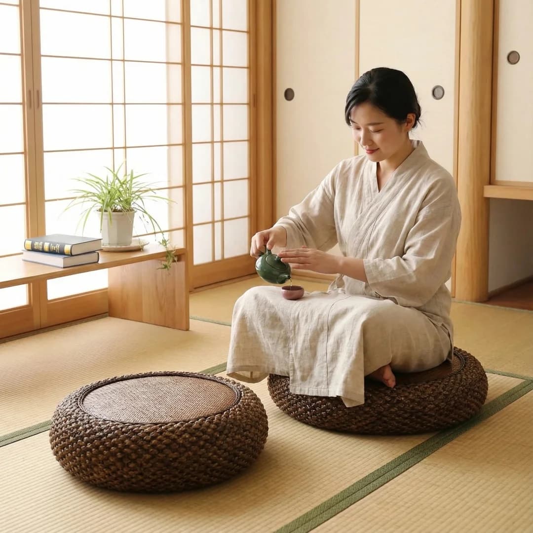 Straw Rattan Cushion Handmade Floor Seat Pouf Handmade Woven Knitted Straw Ottoman Footstool for Meditation Zen Yoga Practice