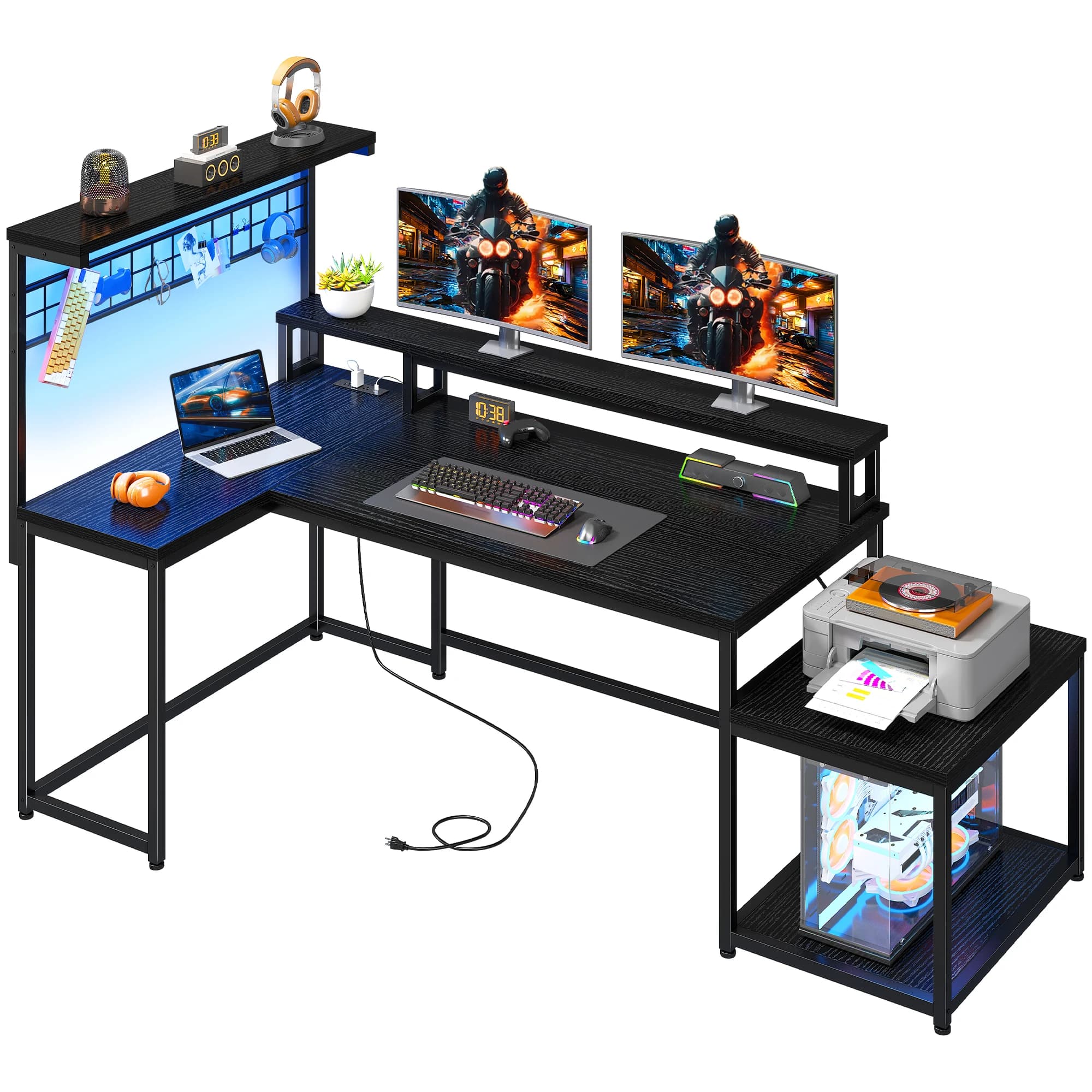 63,5 L Gaming Desk with Current Grips, LED Lights, Monitor Support and Home Office Shelves