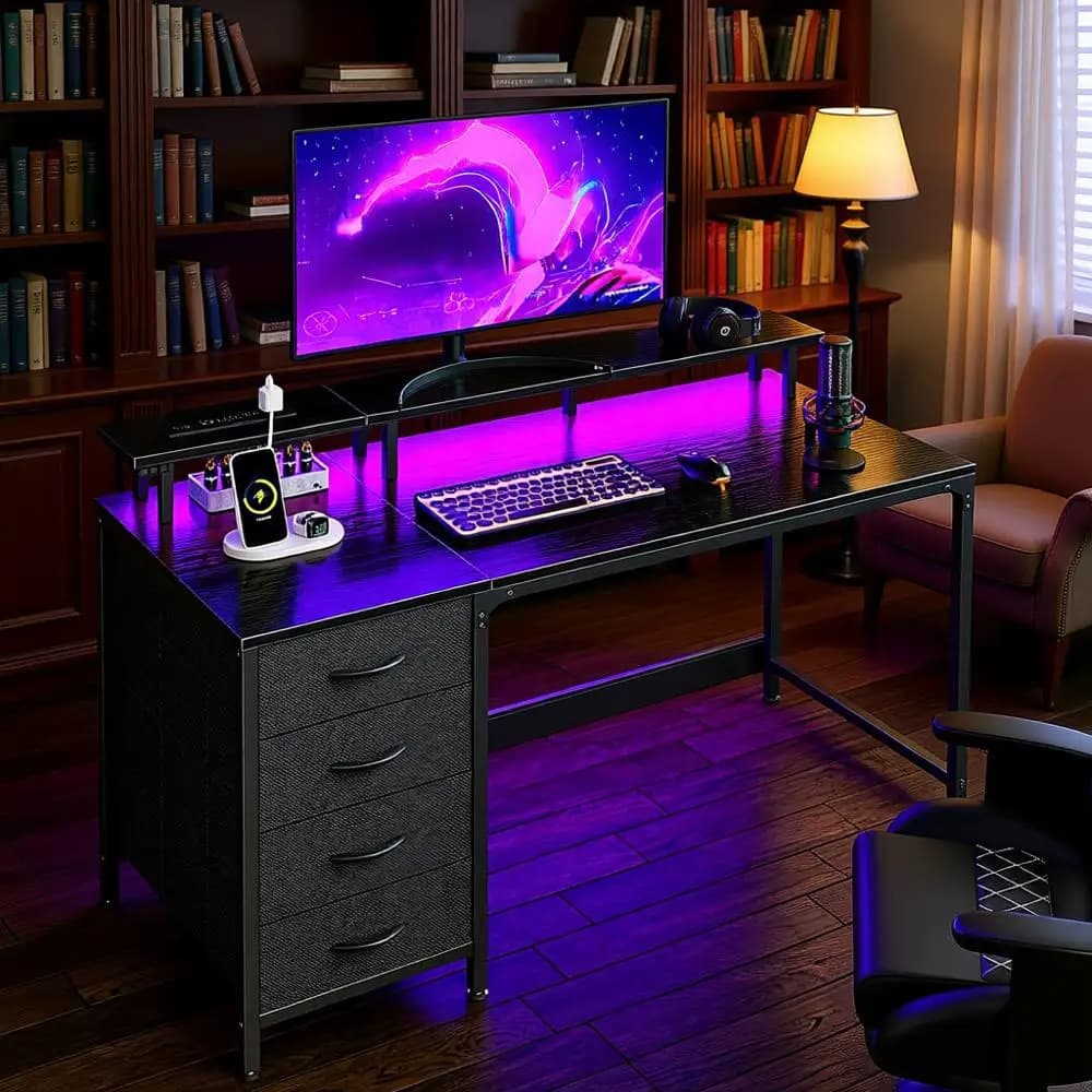Computer Desk 47 Inches with Current Clamps, LED Lights, Monitor Support, for Studio, Work, Home Office, Closed Spaces, Black