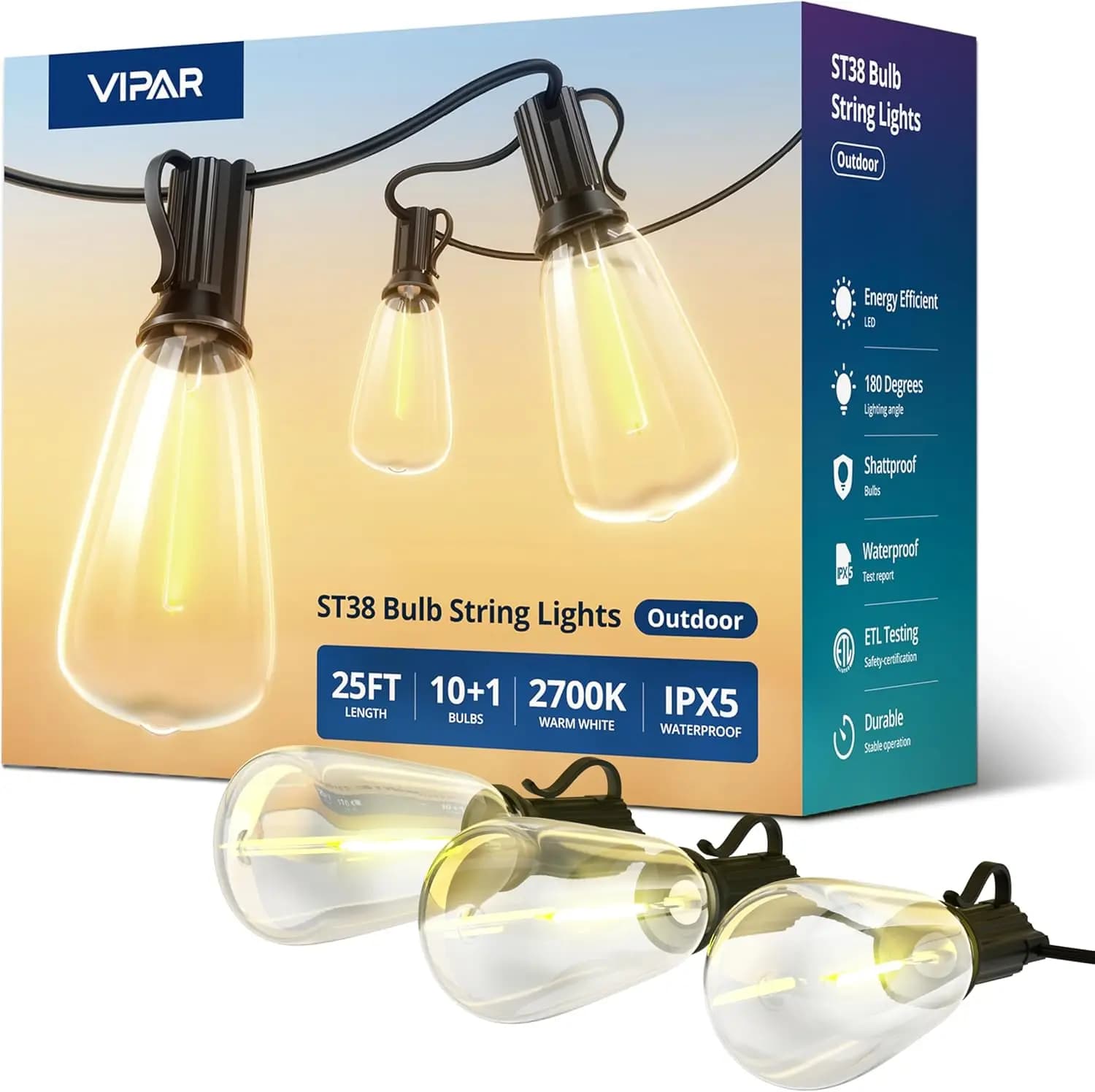 Outdoor String Lights 25FT LED Patio Lights IPX5 Waterproof with 10+1 ST38 Shatterproof Edison Bulbs, 2700K Connectable Outside Hanging Light for Porch, Garden, Backyard, Deck, Balcony, Decor